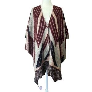 JOH Mohair Blend Open Front Boho Aztec Knit Fringed Poncho Cardigan Sweater S/M
